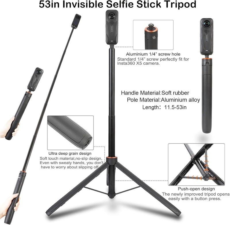 PELLKING Accessories Kit for Insta360 X5,Included Carrying Case with Belt,135cm Selfie Stick Tripod,Aluminium Handlebar Clamp.2 Pcs Metal 1/4" Adapter,Magnetic Mount,4 Pcs Body Strap Mount,and Other - Image 2